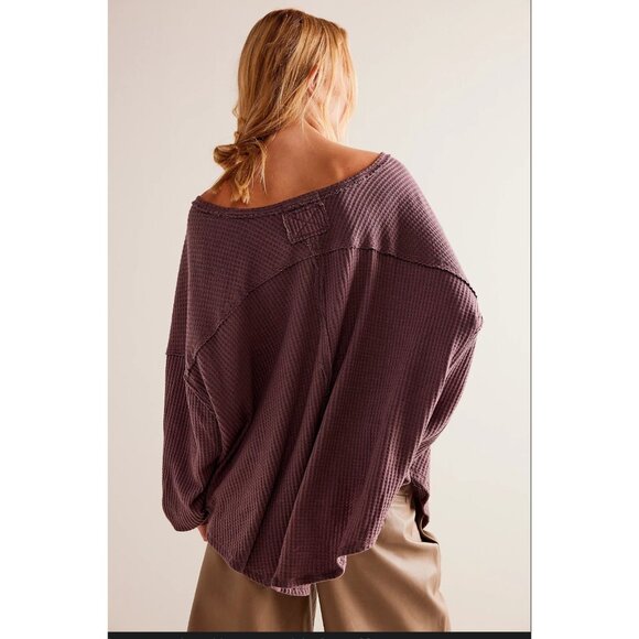 We The Free by Free People Womens Oversized Boho Thermal Knit V-Neck Top L Mauve - Picture 2 of 9